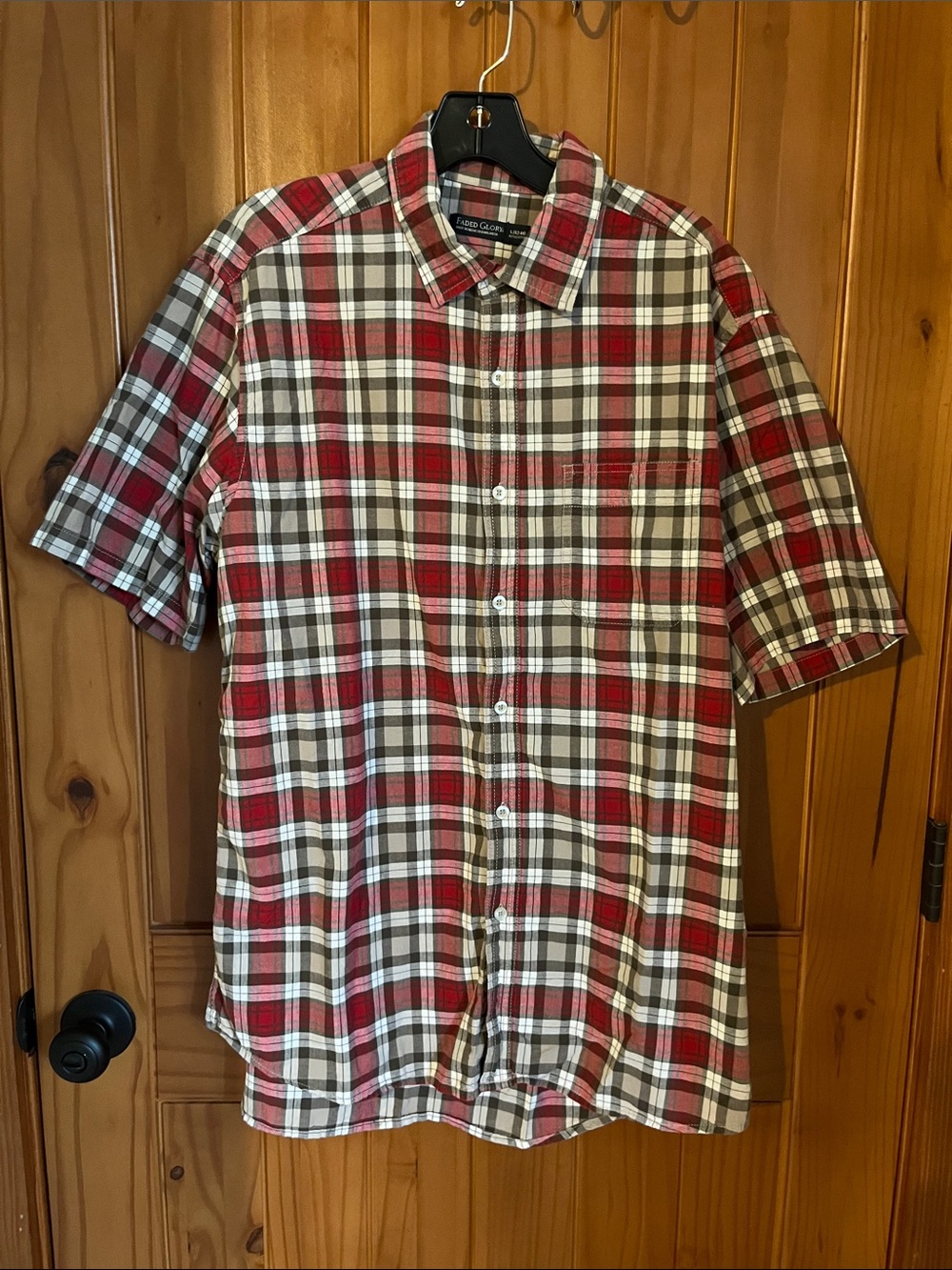 Faded Glory Red, Grey and cream Plaid Short-Sleeve Button-Down